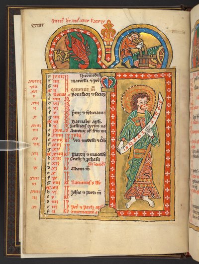 Giugno, da 12 pagine del calendario in oro e colori, con cornici architettoniche ciascuna contenente un segno dello Zodiaco, un apostolo e un lavoro del mese da German School