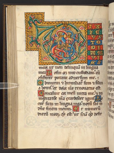 Add. 60629, f.43v Grandi iniziali incorniciate in oro e colori con ornamenti foliati e talvolta zoomorfi e antropomorfi (vellum) da German School