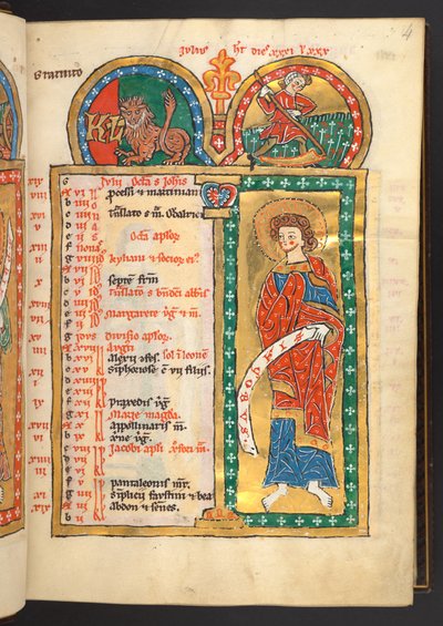 Add. 60629, f.4 Luglio. 12 pagine del calendario in oro e colori, con cornici architettoniche ciascuna contenente un segno dello Zodiaco, un apostolo e un lavoro del mese. Salterio. Salterio illuminato con un calendario, cantici e litanie per l
