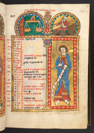 Settembre. 12 pagine del calendario in oro e colori, con cornici architettoniche ciascuna contenente un segno dello zodiaco, un apostolo e un lavoro del mese. Salterio illuminato con un calendario, cantici e litanie per l
