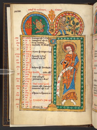 Add. 60629, f.5v Ottobre. 12 pagine del calendario in oro e colori, con cornici architettoniche ciascuna contenente un segno dello Zodiaco, un apostolo e un lavoro del mese. Salterio. Salterio illuminato con un calendario, cantici e litanie per l