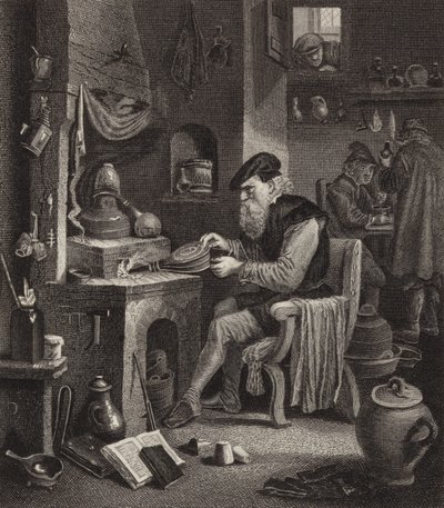 Alchimista al lavoro. Illustrazione per Bilder-Atlas (incisione) da German School