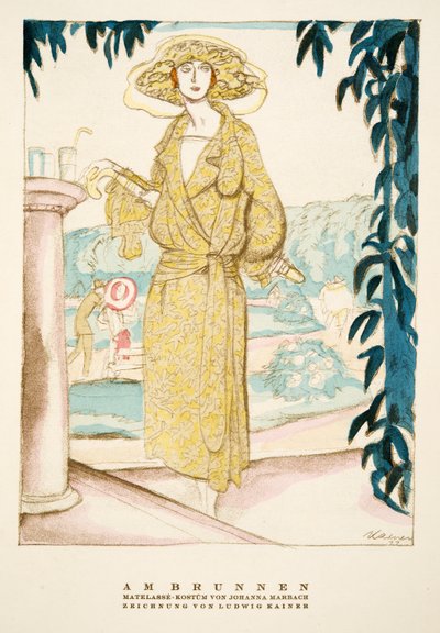 Am Brunnen, abito di Johanna Marbach, da Styl, pub.1922 (stampa a pochoir) da German School