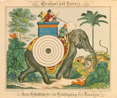 Un elefante e una pantera con bersagli, da Neuruppiner Bilderbogen, 1850 da German School