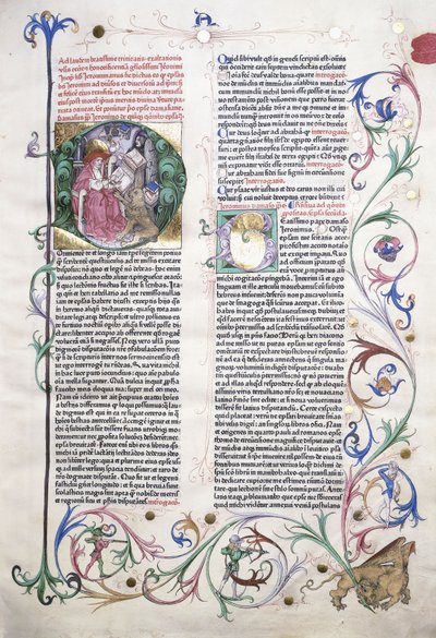 Una pagina illuminata raffigurante San Girolamo nel suo studio, e un bordo che incorpora un grifone attaccato da tre uomini, 1470 da German School