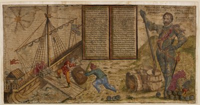 Un volantino illustrato che celebra la campagna di Francis Drake contro gli spagnoli, illustrazione da 