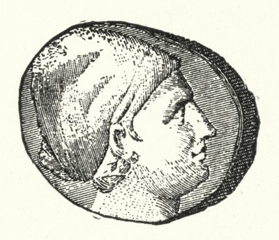 Antica moneta che mostra la testa della poetessa greca antica Saffo (incisione) da German School