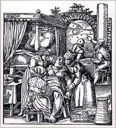 Astrologi che calcolano un oroscopo per il bambino nato da una donna su una sedia da parto, da De Conceptu et Generatione Hominis di Jacob Rueff, pubblicato a Francoforte, 1587 da German School