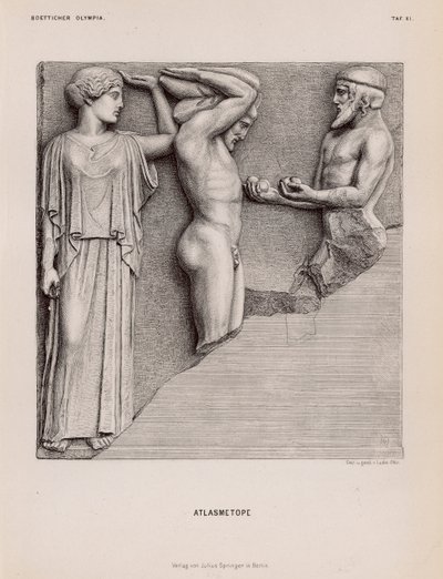 Atlante porta a Eracle le mele delle Esperidi alla presenza di Atena, metopa dal Tempio di Zeus, Olimpia, Grecia da German School