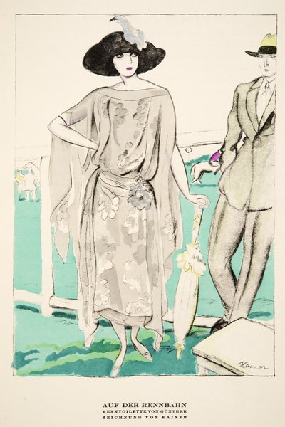 "Auf der Rennbahn", pubblicità per i completi da corsa di Gunther, da Styl, pub.1922 (stampa a pochoir) da German School