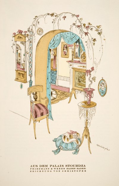 "Aus dem Palais Stourdza", pubblicità per Friedmann  Weber (Baden-Baden)", da Styl, pub.1922 (stampa a pochoir) da German School