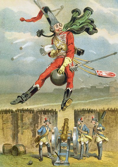 Barone di Munchausen che vola sopra le linee nemiche su una palla di cannone, illustrazione da un