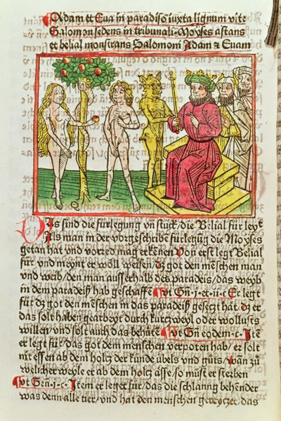 Belial Presenta Adamo ed Eva a Salomone, illustrazione da una traduzione tedesca di Das Buch Belial, 1473 da German School