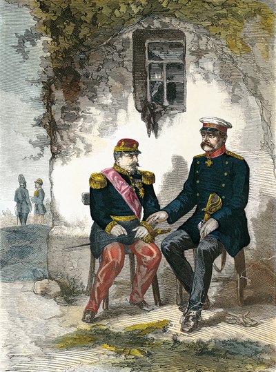 Bismarck conversa con Napoleone III dopo la sua cattura nella Battaglia di Sedan, 2 settembre da German School