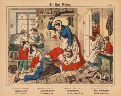 Lunedì blu - la moglie di un calzolaio picchia il marito, foglio illustrato pubblicato da C. Burckhardt, Weissenburg, c.1850 da German School