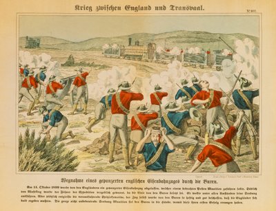 I Boeri sequestrano un treno blindato inglese durante la seconda guerra boera, vicino a Maseking, 14 ottobre 1899, pubblicato da C. Burckhardts Nachf, Weissenburg, 1899 da German School