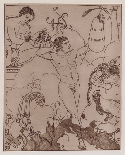 Pugile che si allena con un sacco da boxe, dipinto su vaso greco antico (litografia) da German School
