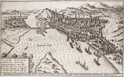 Buda e Pest assediate dai cristiani nel 1602, illustrazione da un libro sulle campagne ottomane in Europa, inciso da Paul Furst (c.1605-66) da German School