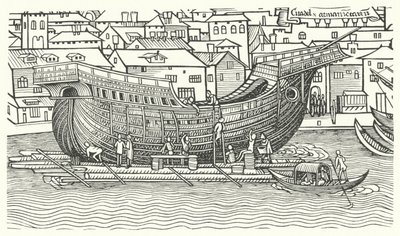 Costruzione di una grande nave da mare alla fine del XV secolo da German School