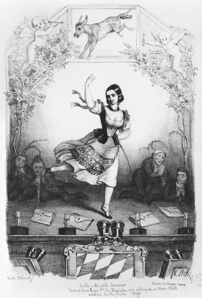 Caricatura di Lola Montes (1821-61) che danza davanti al re Ludovico I di Baviera (1786-1868) c.1847 da German School