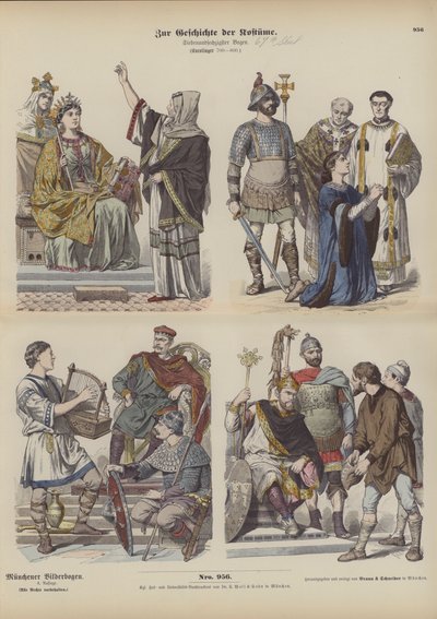 Costumi franchi carolingi, VIII secolo (incisione colorata) da German School