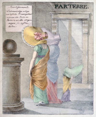 Cartone animato che ridicolizza la moda delle signore di indossare cappelli enormi, circa 1820 da German School