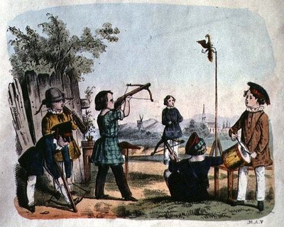 Bambini che Sparano a un Bersaglio con un Archibugio, c.1860 (incisione a colori) da German School