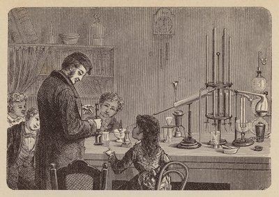 Bambini che assistono a un esperimento scientifico (incisione) da German School