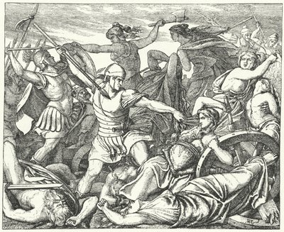 Donne cimbre che difendono il loro treno di bagagli contro i soldati romani attaccanti, fine II secolo d.C. da German School