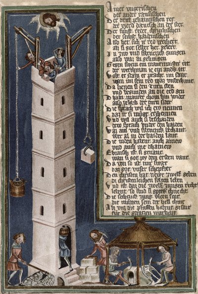 Costruzione della Torre di Babele, copia di un manoscritto del XV secolo da German School