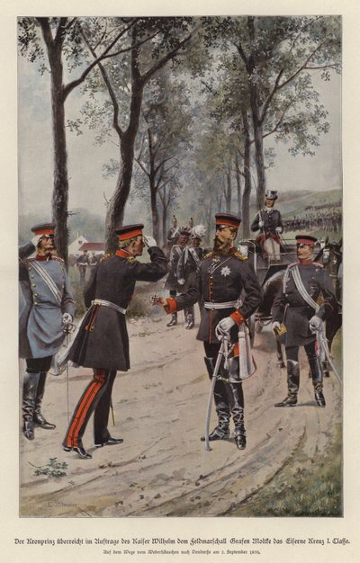 Il Principe Ereditario Federico di Germania premia il Feldmaresciallo Helmuth von Moltke con la Croce di Ferro a nome di suo padre, Kaiser Guglielmo I da German School