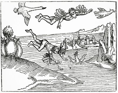 Dedalo, fuggendo da Creta con suo figlio Icaro, lo vede cadere verso la morte, 1493 da German School