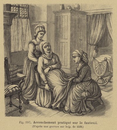 Parto con la madre seduta su una sedia da parto, XVI secolo da German School