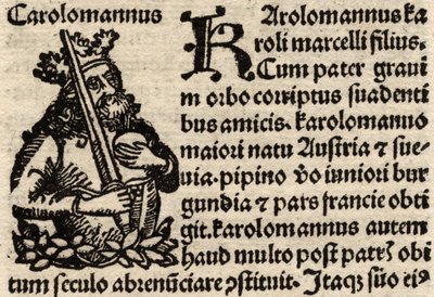 (dettaglio) da una foglia incunabula originale, raffigurante Carlo Magno pre-1500 da German School