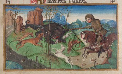 Dettaglio di una miniatura di un nobile impegnato nella caccia all