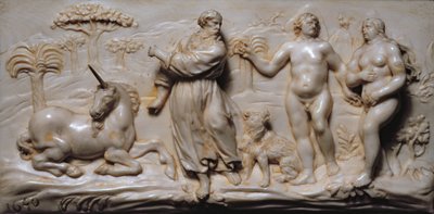 Dettaglio di una placca da un Kunstcabinet della Germania del Sud, raffigurante Adamo ed Eva da German School