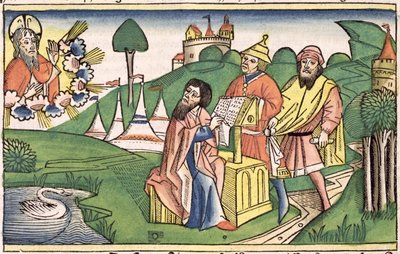 Deuteronomio: Frontespizio in cui Dio fa le leggi, dalla Bibbia di Norimberga (Biblia Sacra Germanaica) da German School