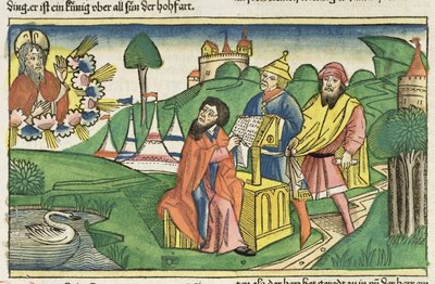 Deuteronomio: Frontespizio in cui Dio fa le leggi, dalla Bibbia di Norimberga (Biblia Sacra Germanaica) da German School