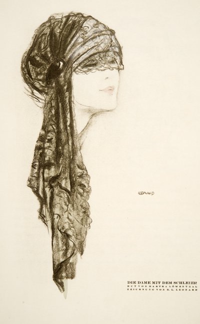 Die Dame mit dem Schleier, cappello di Martha Lowenthal, da Styl, pub.1922 (stampa a pochoir) da German School