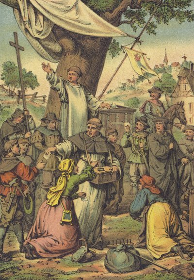 Frate domenicano Johann Tetzel che distribuisce indulgenze per denaro da German School