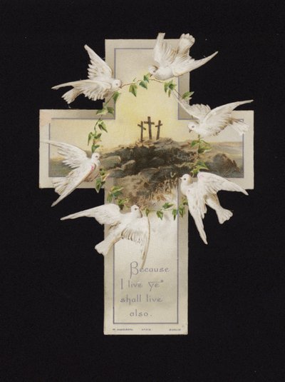 Colombe che portano una corona sopra le tre croci sulla collina del Calvario, biglietto di auguri cristiano da German School