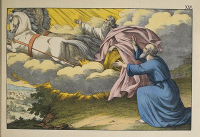 Elia ascende al cielo in un turbine lasciando il suo discepolo Eliseo a continuare il suo lavoro, illustrazione da L