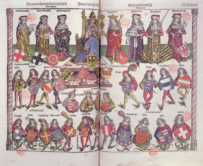 Imperatore ed elettori del Sacro Romano Impero con ventiquattro nobili tedeschi che presentano i loro stemmi da German School