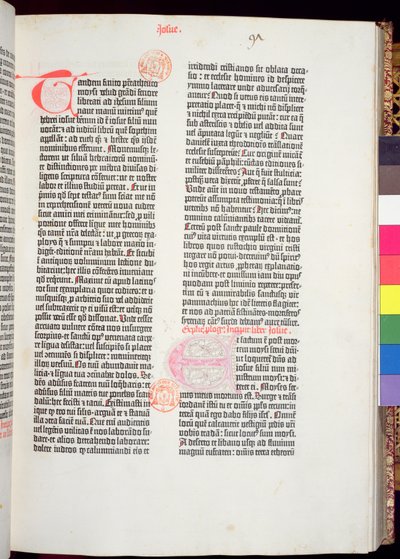 Fine del Pentateuco e inizio del Libro di Giosuè, dalla Bibbia di Gutenberg, stampata da Johannes Gutenberg (c.1400-68) e Peter Schoeffer (1425-1502) a Magonza, 1454-56 da German School