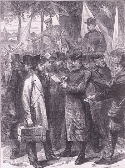 Residenti inglesi che lasciano Parigi, Cassells History of the War between France and Germany pubblicato da Cassell and Company Limited, c.1890 (litografia) da German School