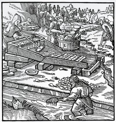 Incisione da De re metallica (Sulla natura dei metalli), di Georg Pawer o Georgius Agricola (1494-1555) da German School