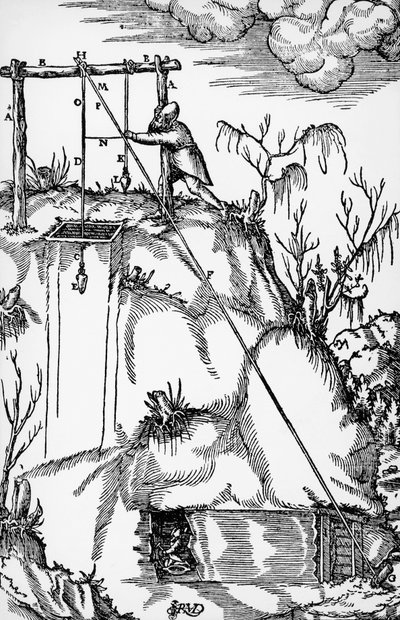 Incisione da De re metallica (Sulla natura dei metalli), di Georg Pawer o Georgius Agricola (1494-1555), pubblicato a Basilea da German School