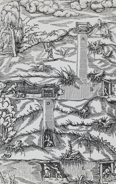 Incisione da De re metallica (Sulla natura dei metalli), di Georg Pawer o Georgius Agricola (1494-1555), pubblicato a Basilea da German School