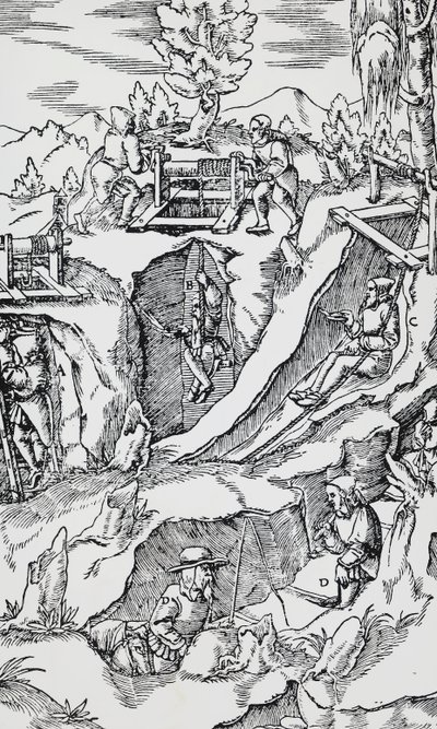 Incisione da De re metallica, di Georg Pawer o Georgius Agricola, pubblicato a Basilea da German School