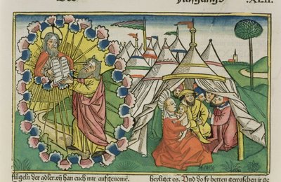 Esodo 20:1-5 Mosè riceve i Dieci Comandamenti, dalla Bibbia di Norimberga (Biblia Sacra Germanaica) da German School